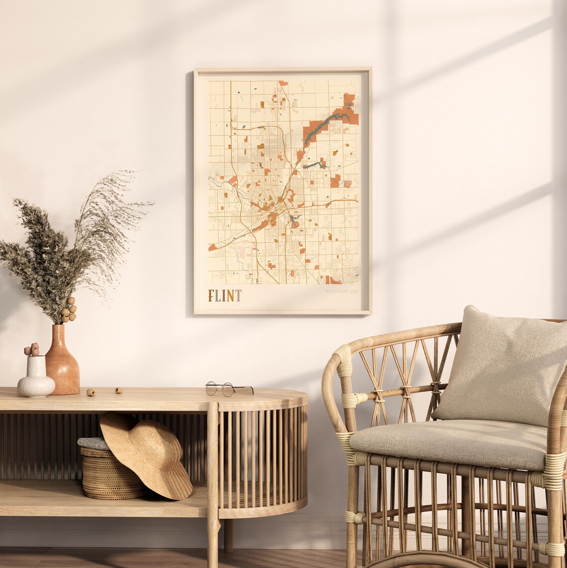 Flint Michigan Retro Warm Earth Tone Vintage City Street Map Poster - Image 2