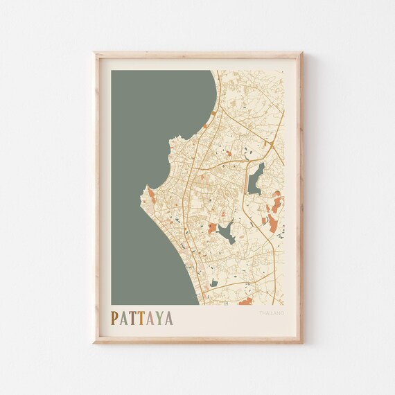Pattaya Map Poster Print Wall Art Thailand Travel Gift Boho