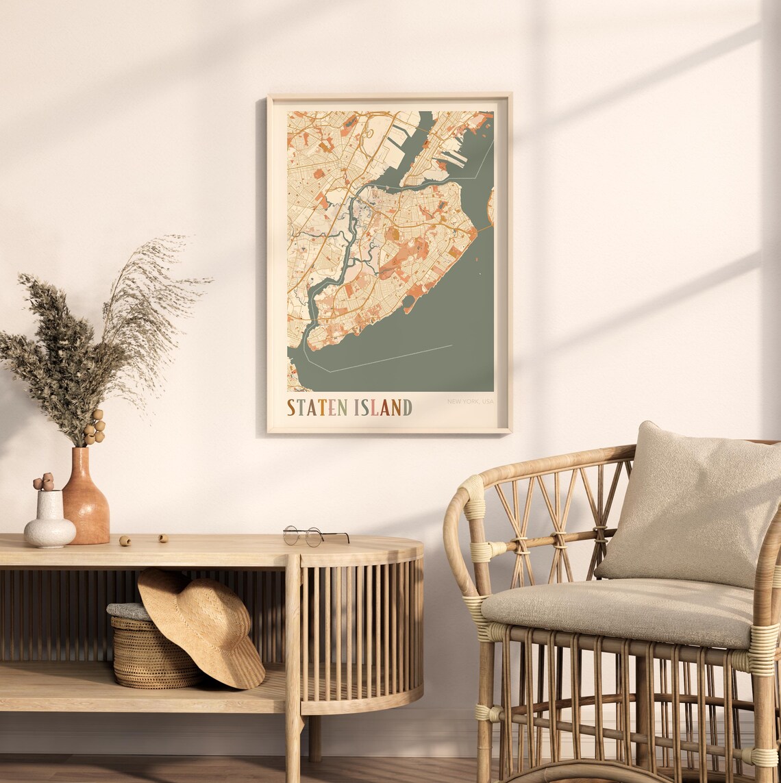 Staten Island New York USA Warm Vintage Beige City Street Map Art Poster - Image 2