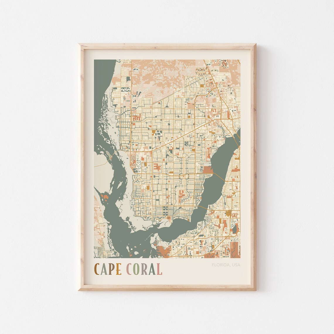 Cape Coral Florida Colorful Retro Warm Tone Coastal City Map Poster