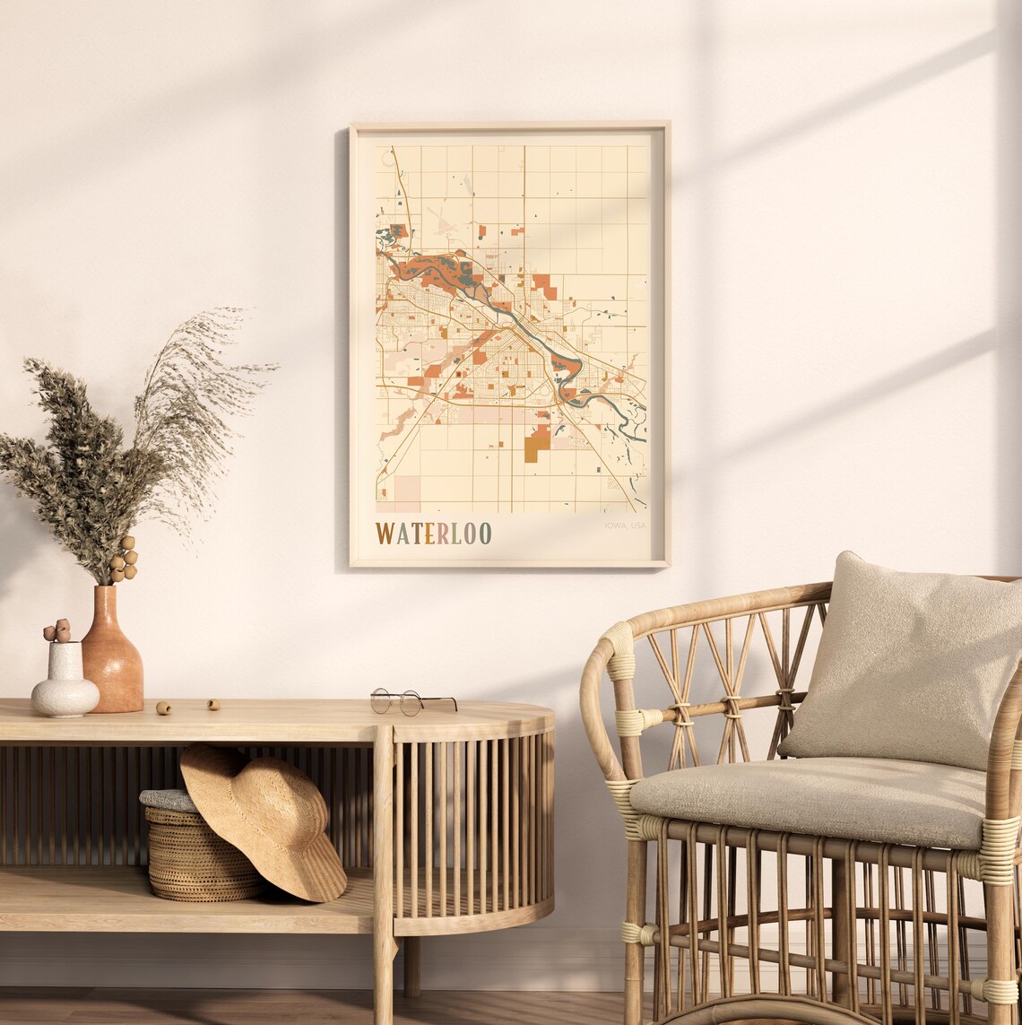 Waterloo Iowa City Map Poster Earth Tone Boho Minimalist Map Wall Decor Gift - Image 2