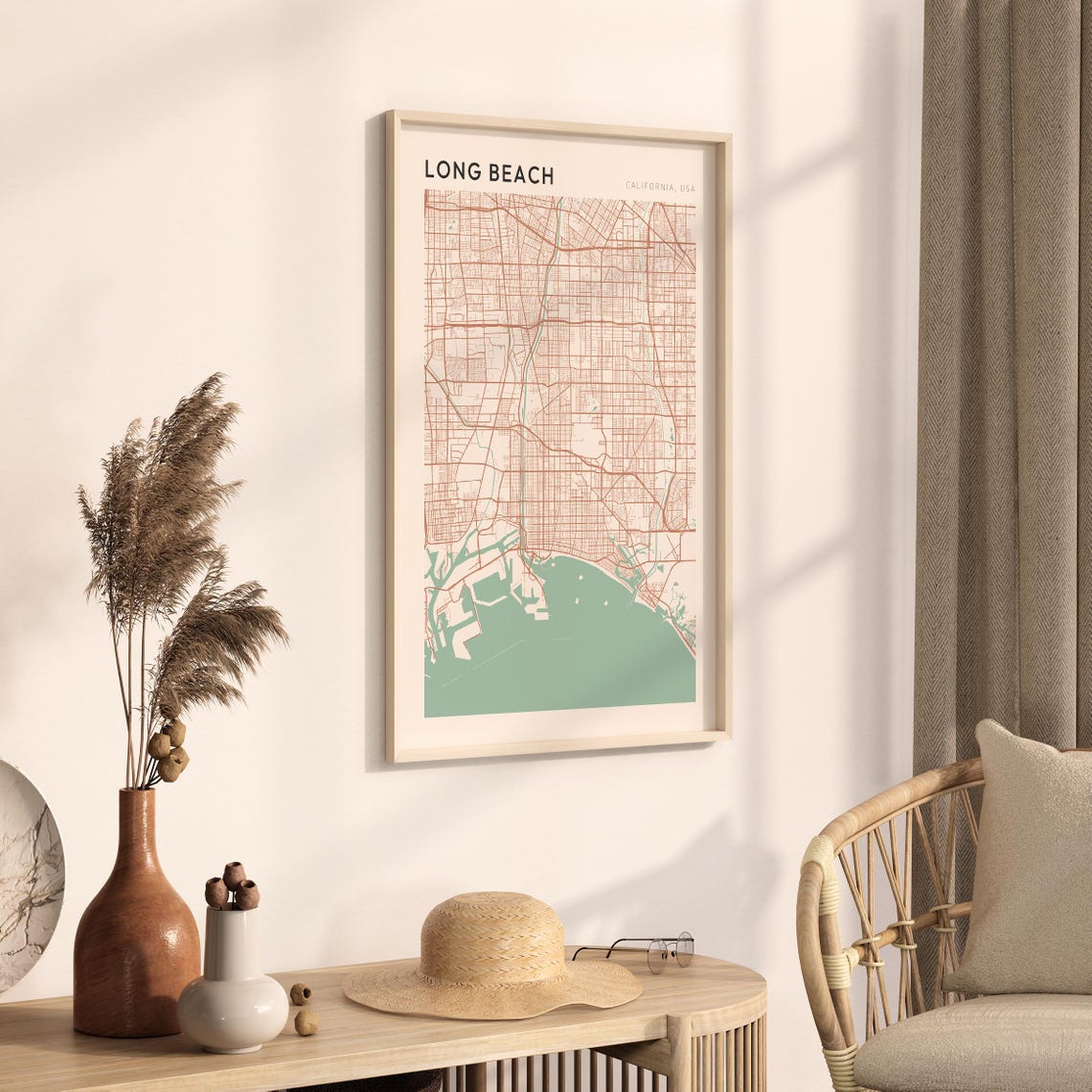 Long Beach California Minimalist Street Map Poster in Blush and Sage - Image 3