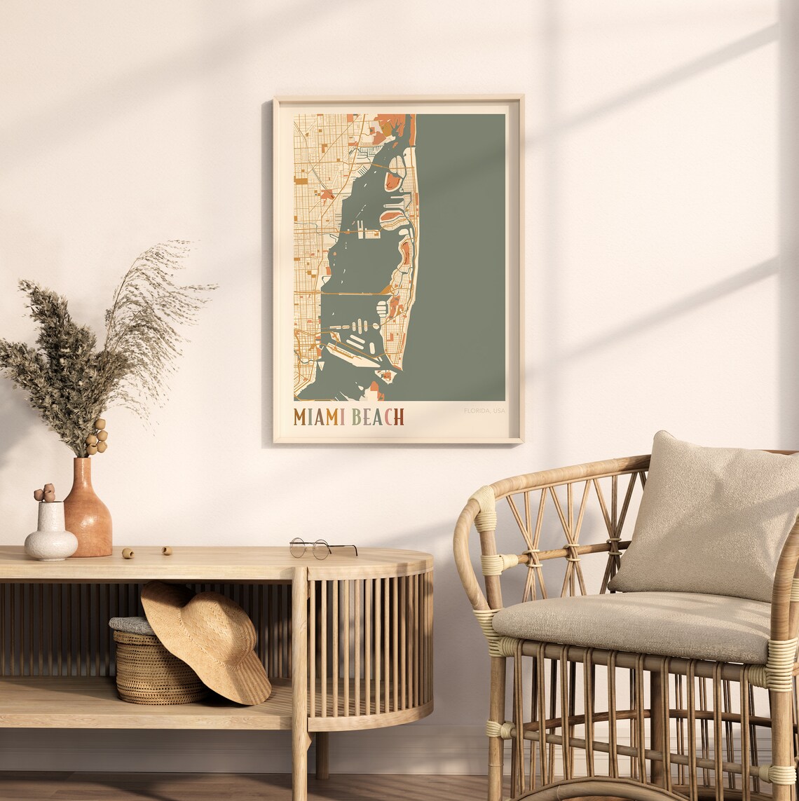Miami Beach Florida City Map Poster Warm Retro Street Map Home Decor - Image 2