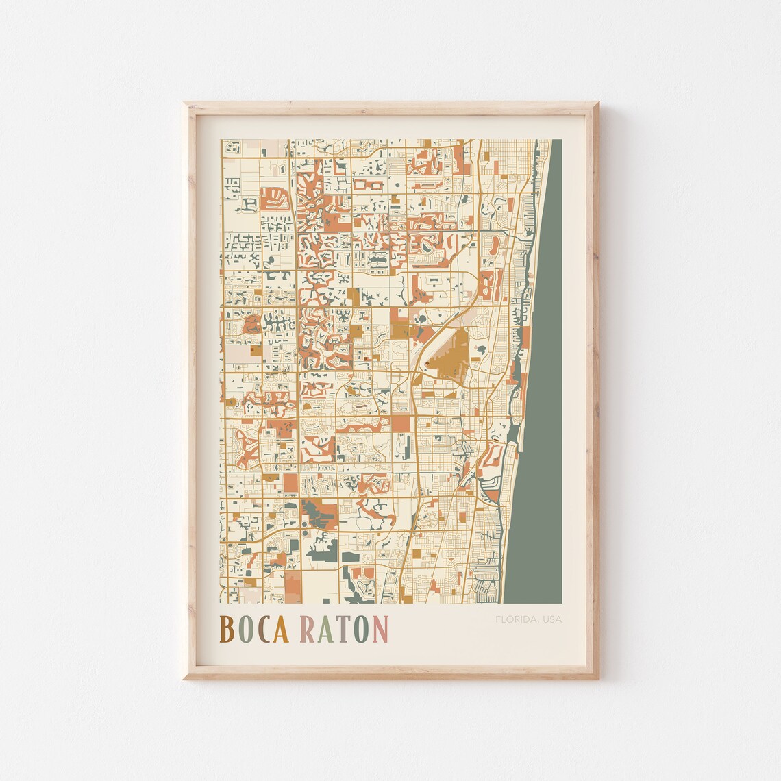 Boca Raton Florida Colorful Retro Warm Tone Coastal City Map Poster
