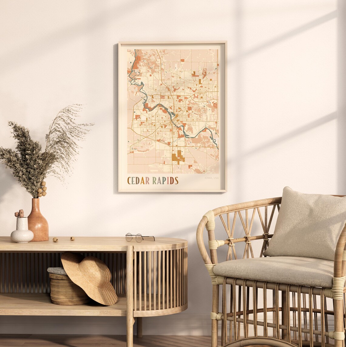 Cedar Rapids Iowa City Map Poster Earth Tone Boho Minimalist Map Wall Decor Gift - Image 2