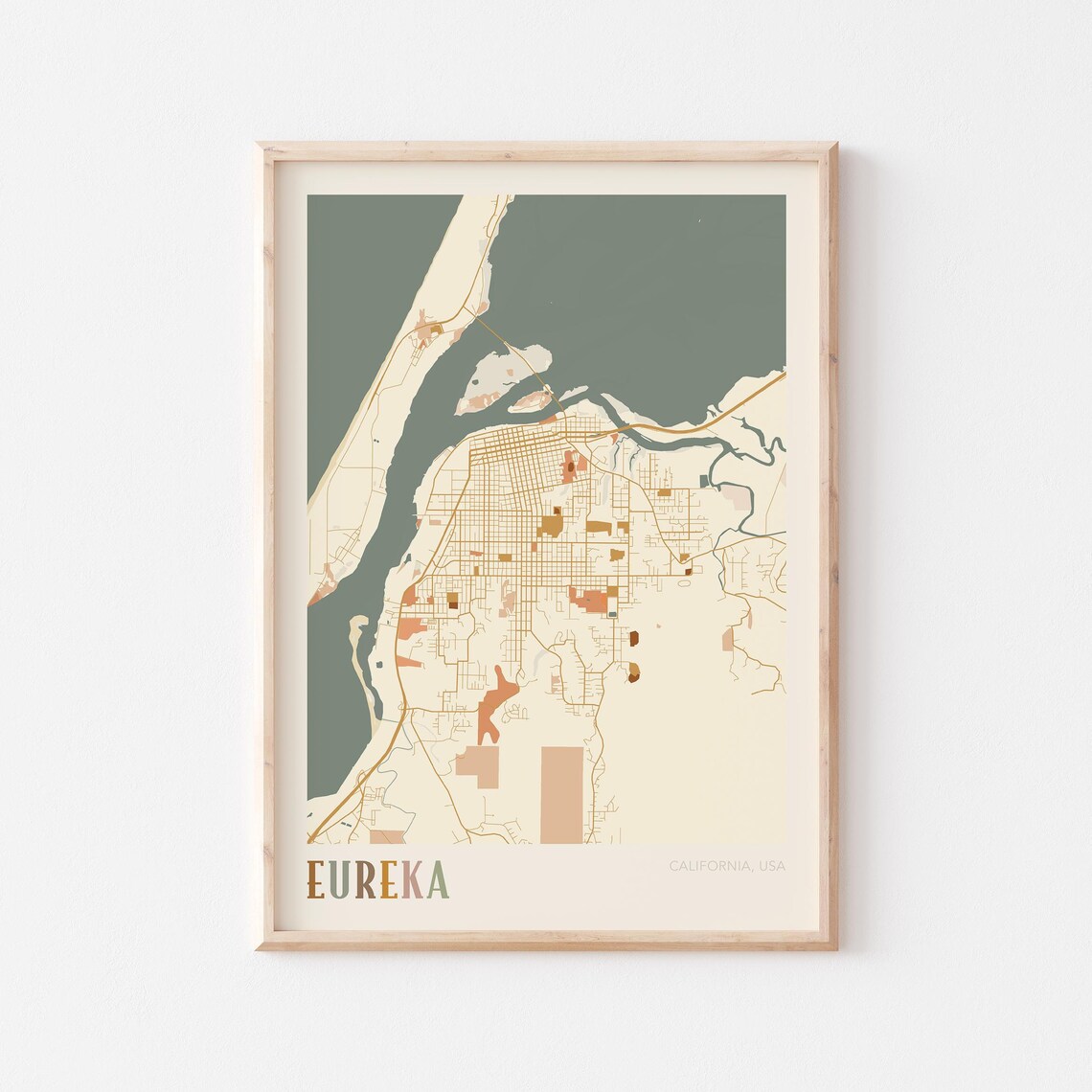 Eureka California Warm Tones City Map Poster for Living Room Decor