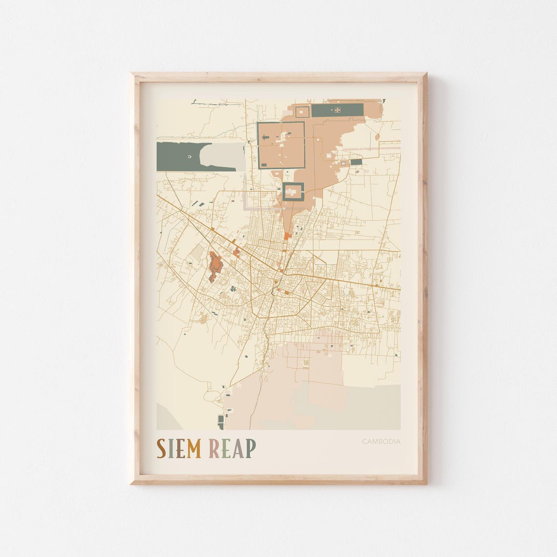 Siem Reap Cambodia Scandinavian Boho City Map Wall Decor Poster