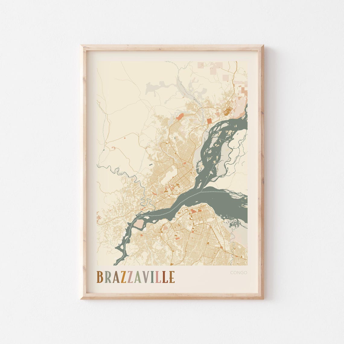 Brazzaville Congo Boho City Map River Vintage Travel Wall Poster