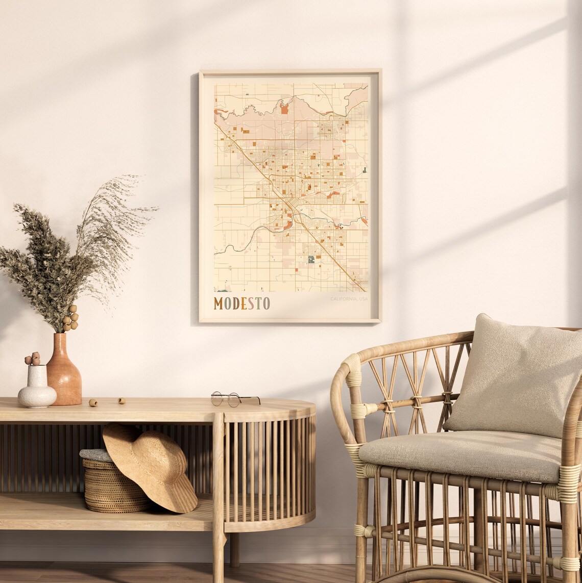 Modesto California Warm Earth Tone City Street Map Art Decor Poster - Image 2
