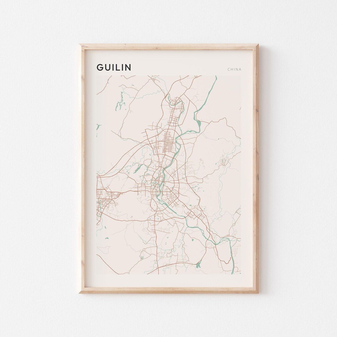 Guilin China Map Minimalist Beige Terracotta Street Plan Travel Poster