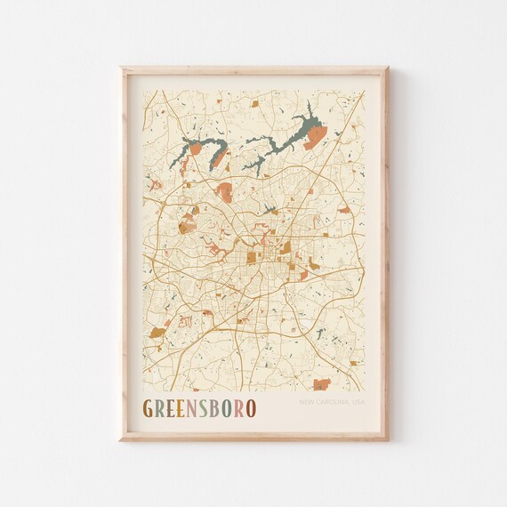 Greensboro North Carolina Vintage Boho City Street Map Poster