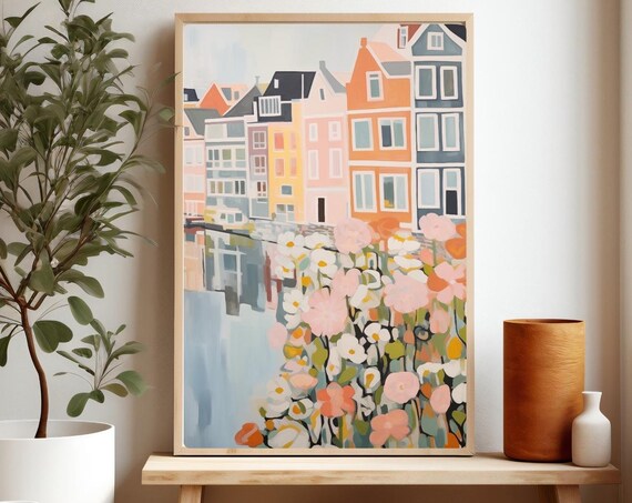 Amsterdam Canal Houses Flowers Watercolor Colorful City Scene Poster