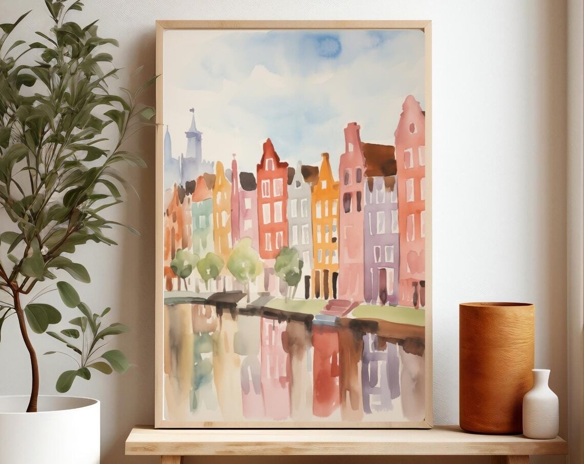 Amsterdam Canal Watercolor Colorful Dutch Houses Reflection Poster