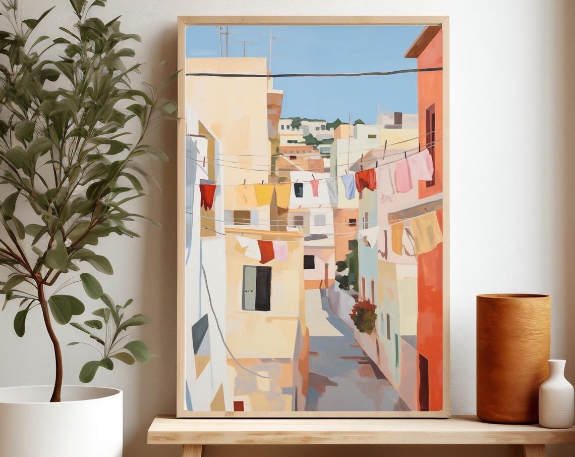 Mediterranean Street Laundry Colorful Alley Italy Village Scene Poster