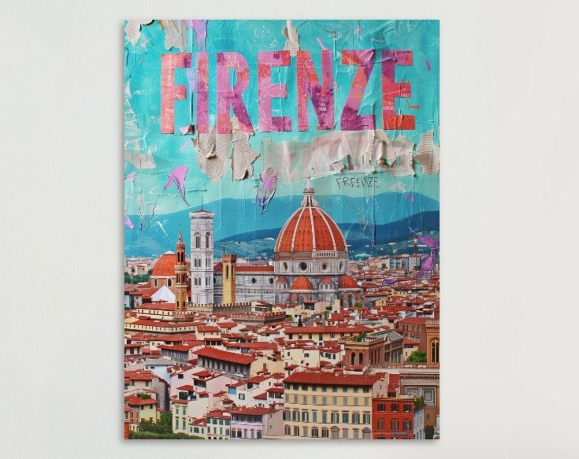 Firenze Florence Duomo Red Dome Rooftops Torn Paper Travel Poster