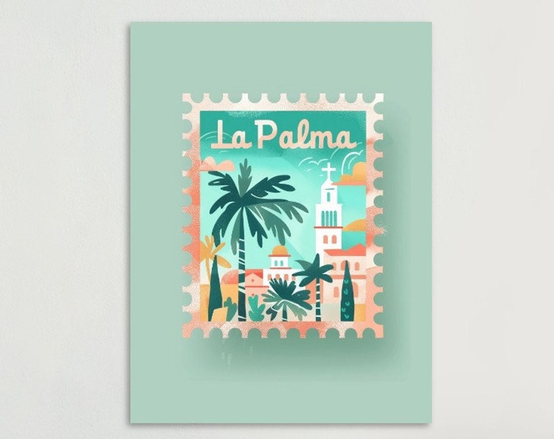 La Palma Palm Trees White Church Towers Stamp Style Travel Poster