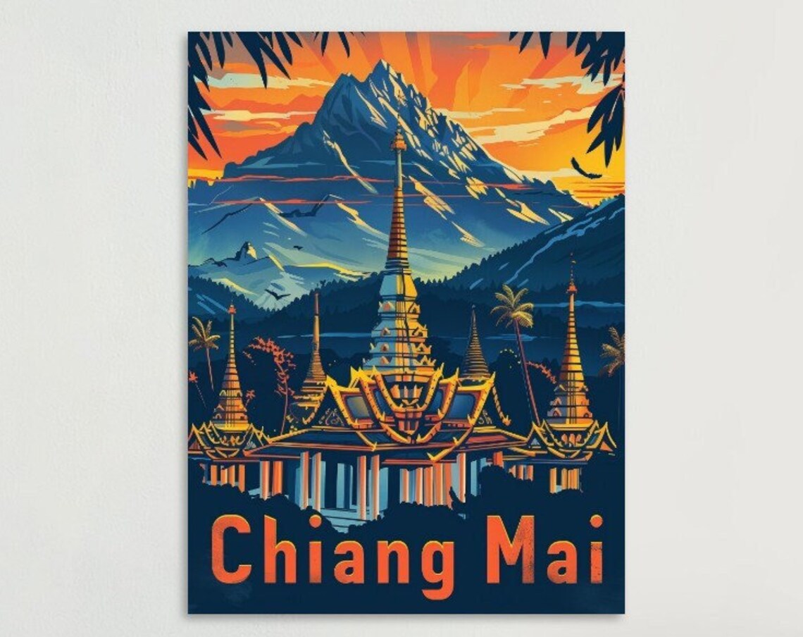 Chiang Mai Golden Temple Chedi Mountain Sunset Thailand Travel Poster