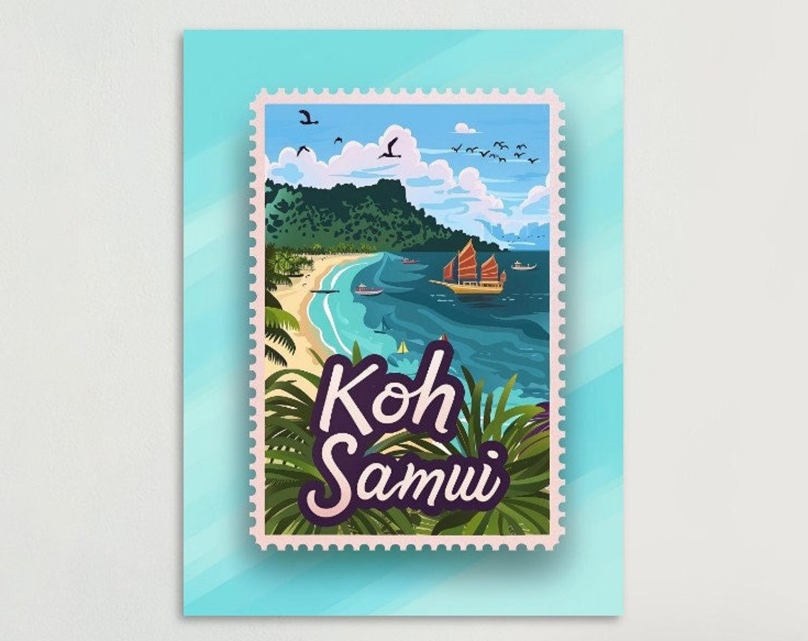 Koh Samui Thailand Tropical Beach Cove Stamp Style Travel Poster