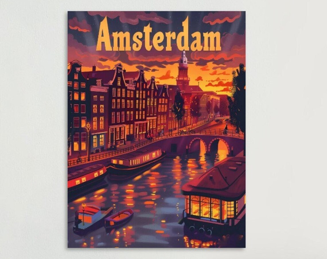 Amsterdam Night Canal Houseboats Bridge Glow Vintage Travel Poster