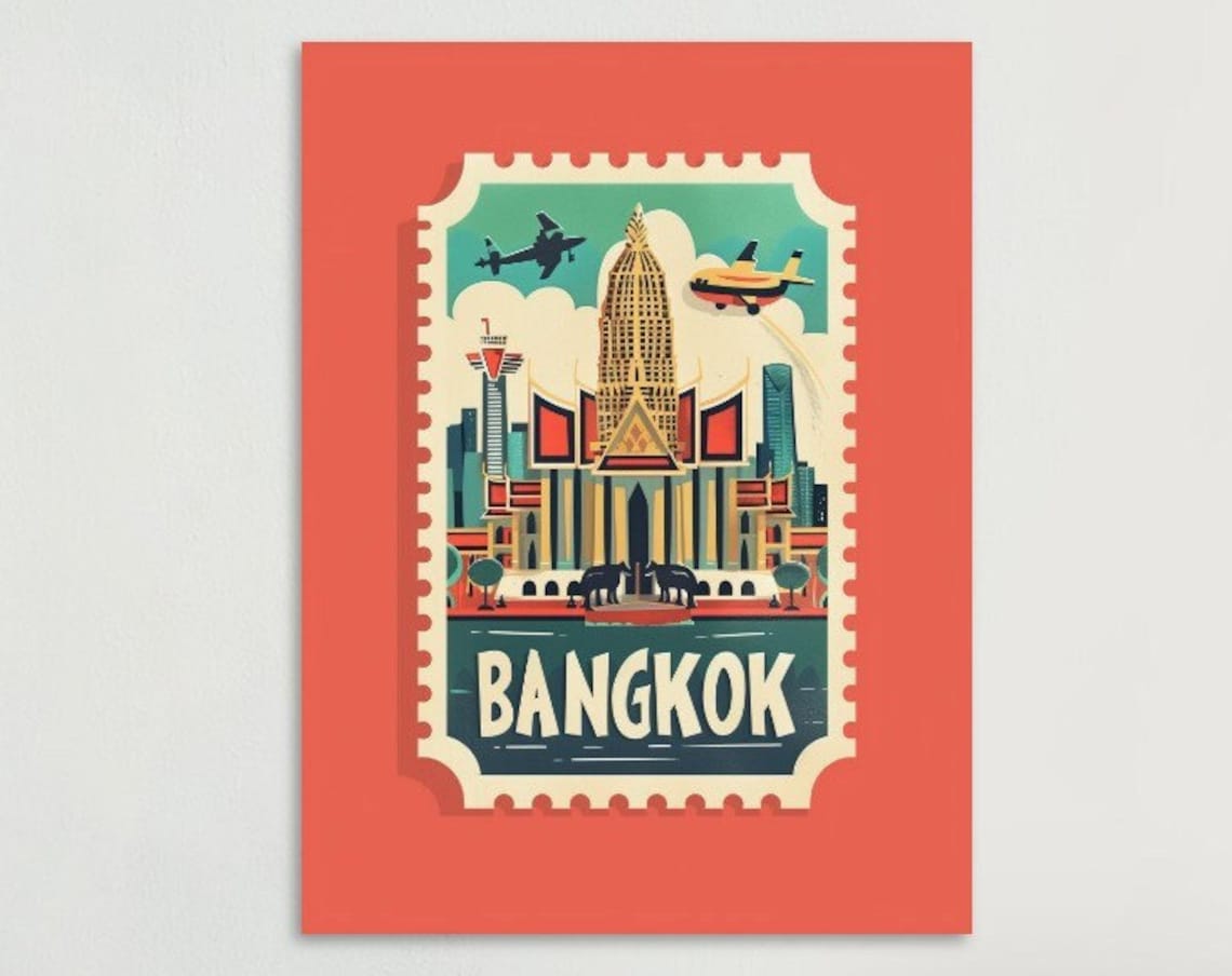 Bangkok Thailand Grand Palace Elephants Stamp Art Travel Poster