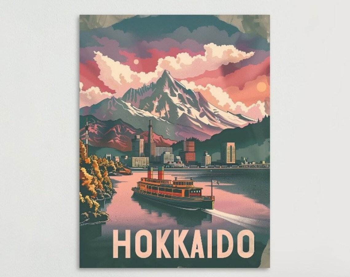 Hokkaido Japan Snowy Peak Lake Ferry Sunset Vintage Travel Poster
