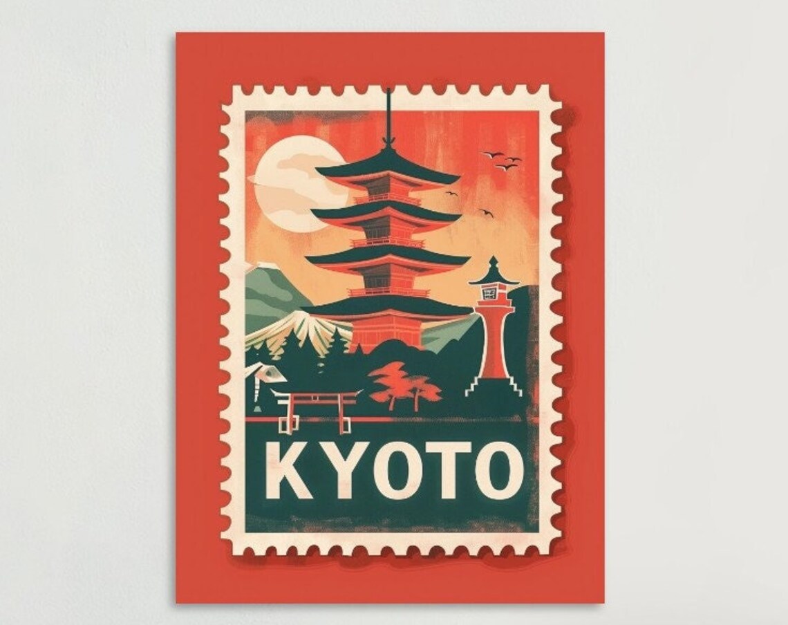 Kyoto Japan Five Story Pagoda Moon Vintage Travel Stamp Poster