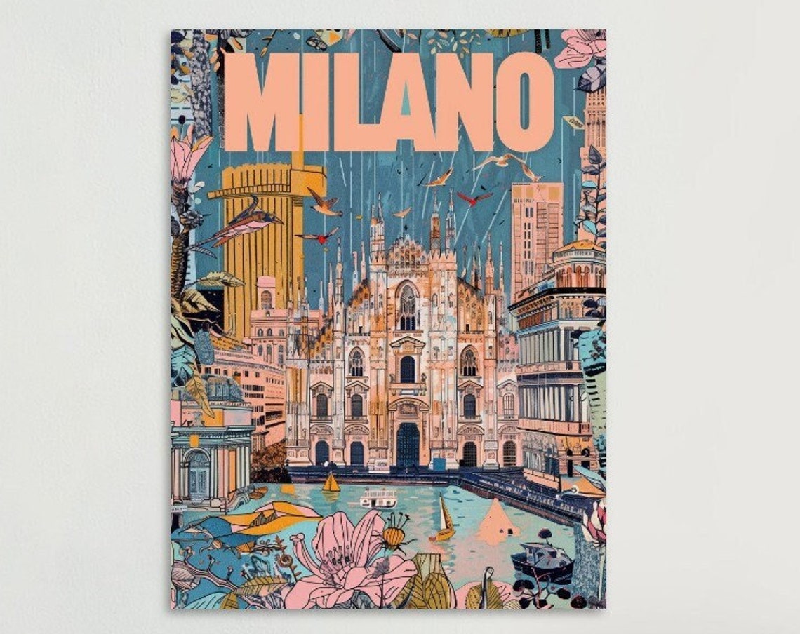 Milano Milan Cathedral Flowers Birds Boats Collage Travel Poster