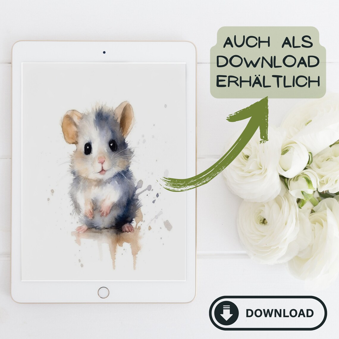 Sweet Cute Baby Hamster Watercolor Portrait Nursery Art Poster - Image 2