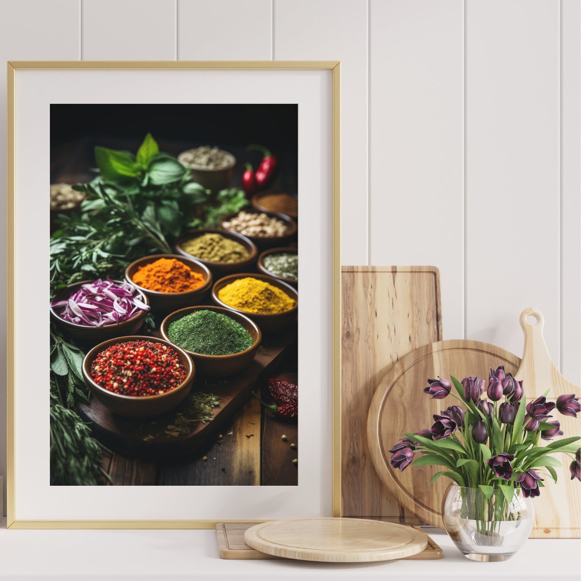 Colorful Spice Bowls Fresh Herbs Rustic Wooden Table Art Poster - Image 4