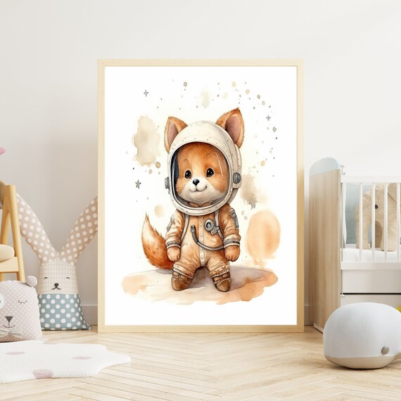 Cute Baby Red Fox Astronaut Watercolor Outer Space Nursery Poster