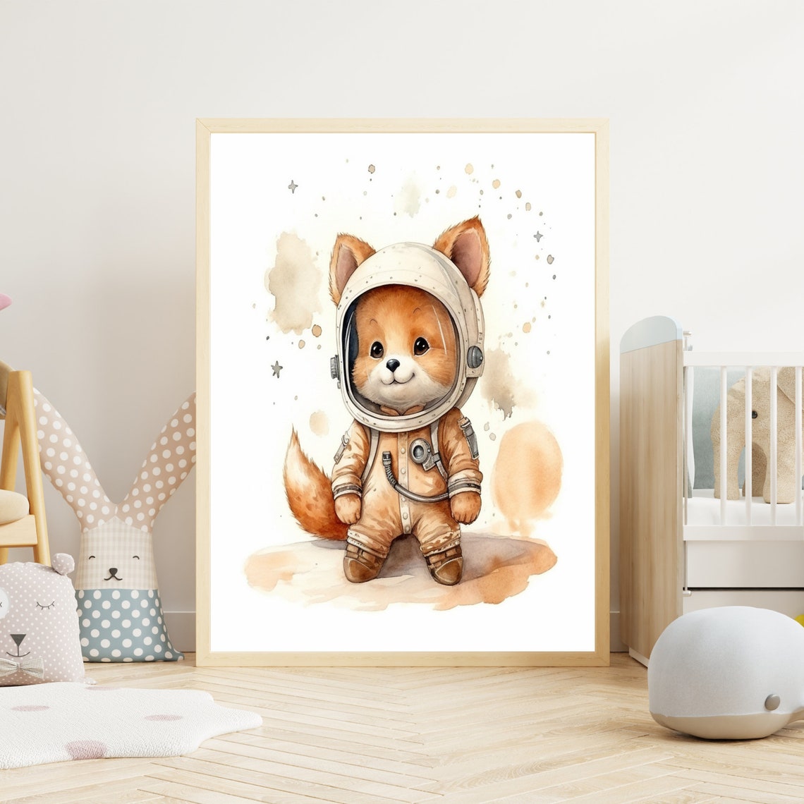Cute Baby Red Fox Astronaut Watercolor Outer Space Nursery Poster
