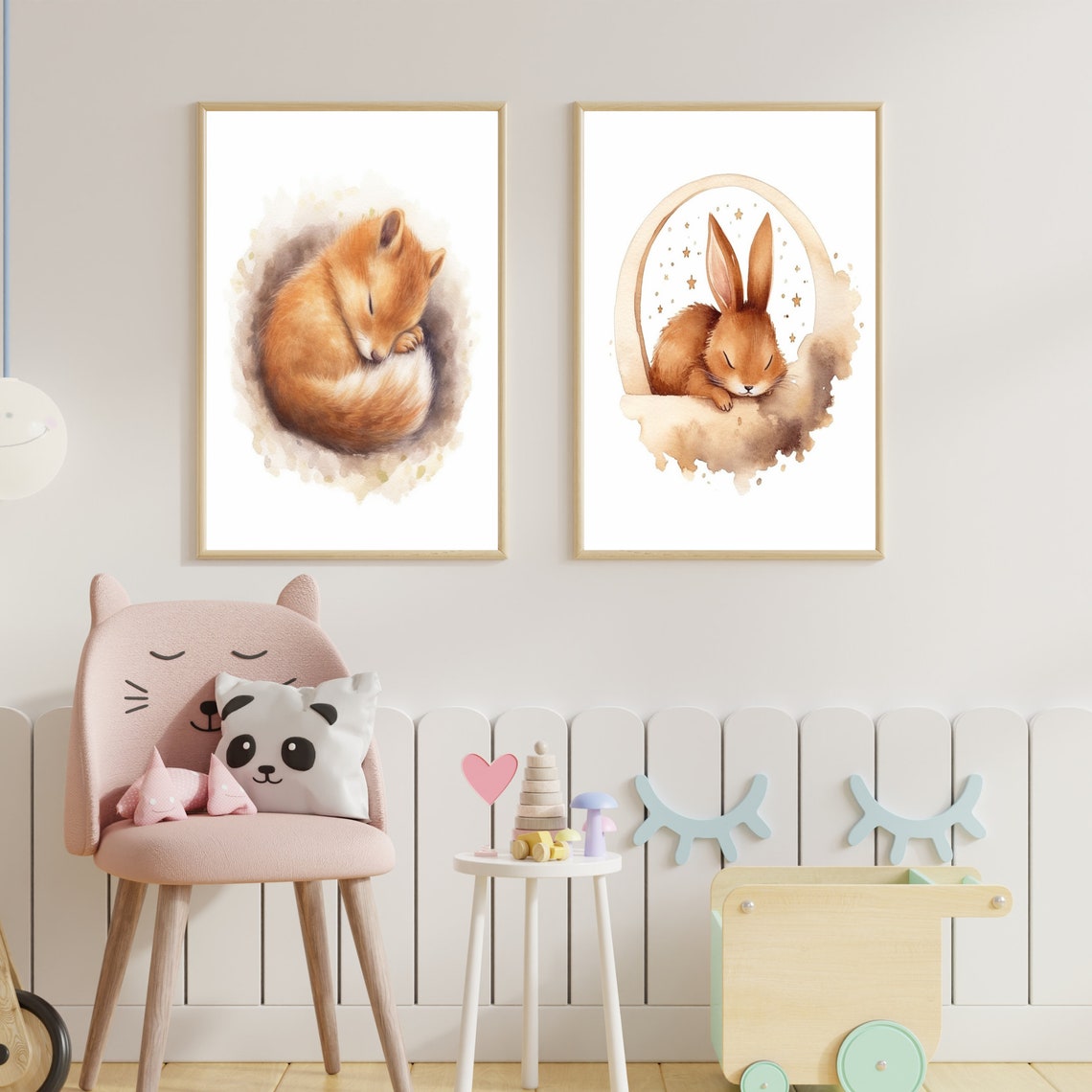 Sleeping Bunny on Crescent Moon Stars Watercolor Nursery Poster - Image 3