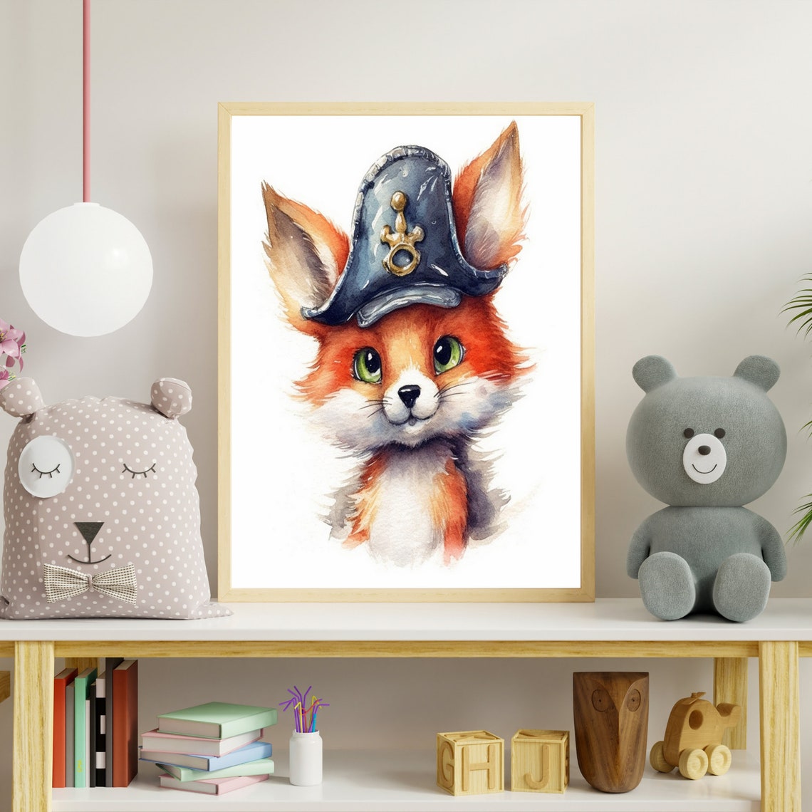 Cute Baby Fox In Pirate Captain Hat Watercolor Nursery Poster - Image 3