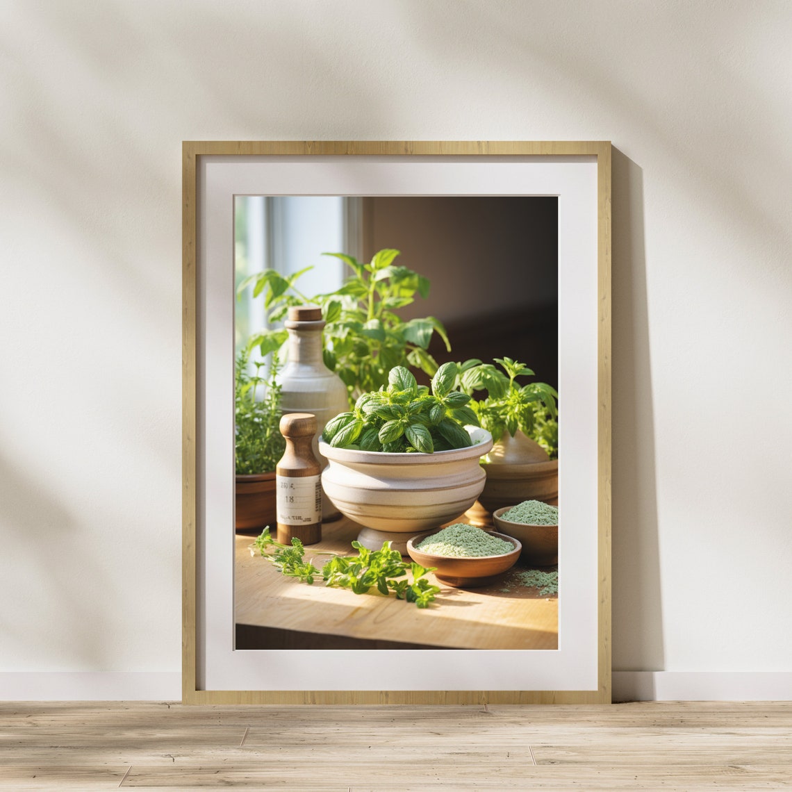 Sunlit Kitchen Herbs Basil Still Life Wooden Table Art Poster