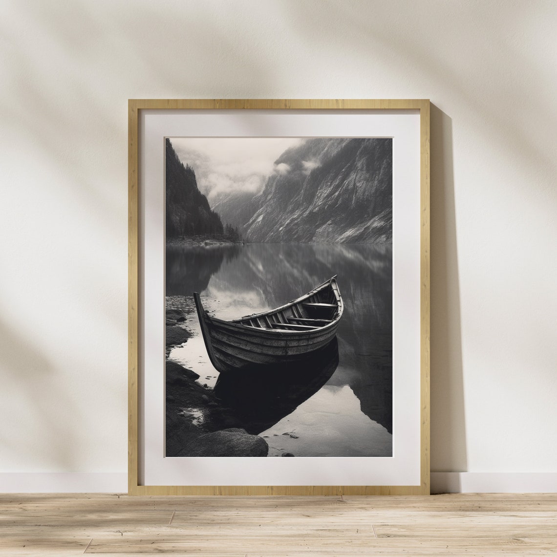 Old Wooden Rowboat Black White Misty Mountain Lake Art Poster