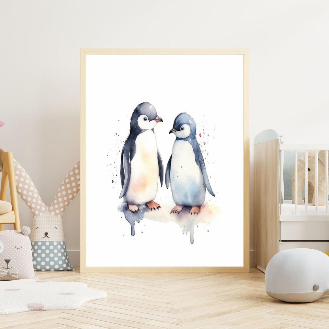 Adorable Pair of Baby Penguins Watercolor Nursery Art Poster