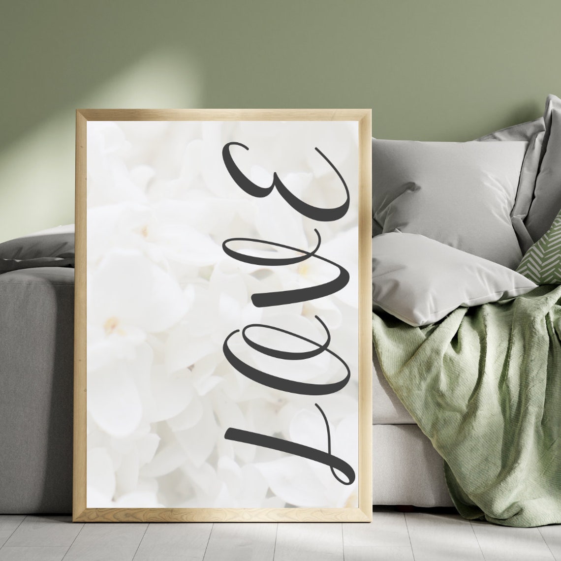Love Script Over White Flowers Romantic Floral Quote Wall Art