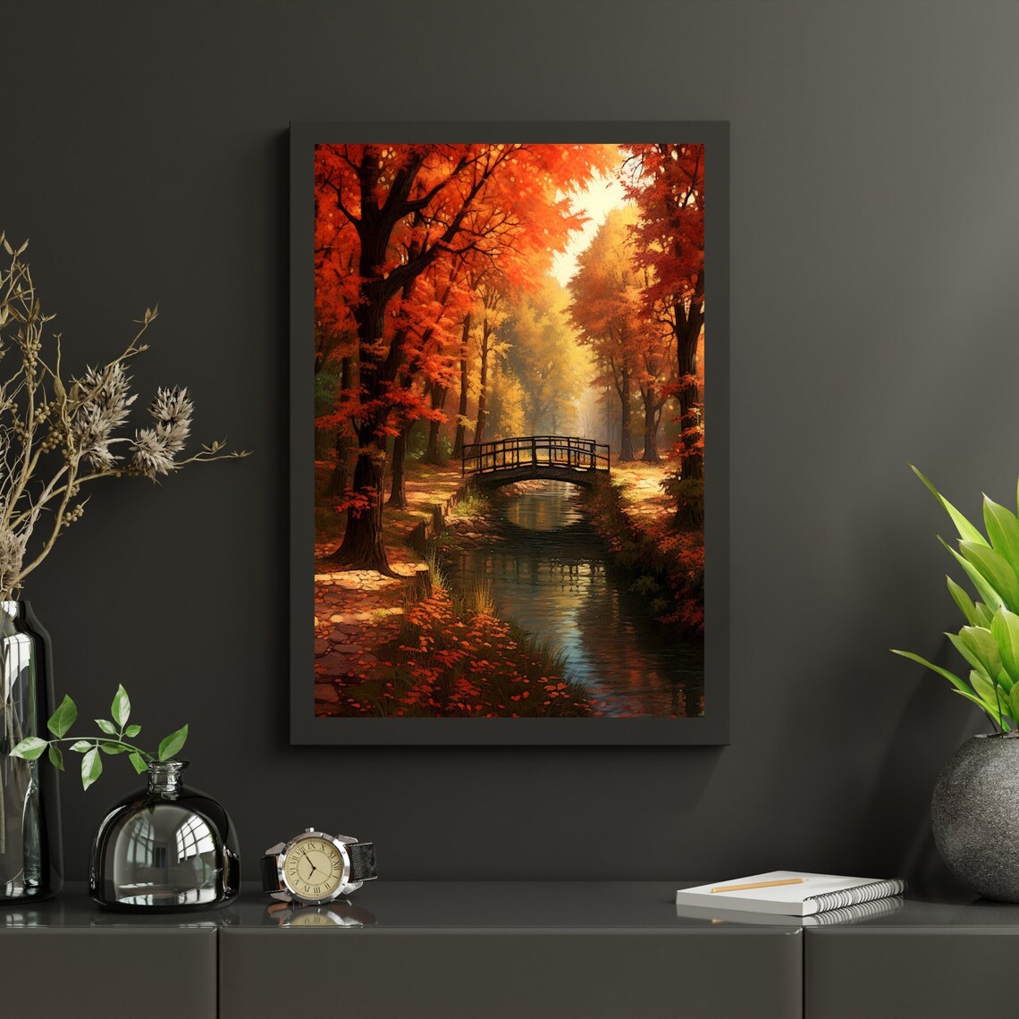 Autumn Bridge Over Canal Fiery Fall Trees Cozy Landscape Painting Poster - Image 4