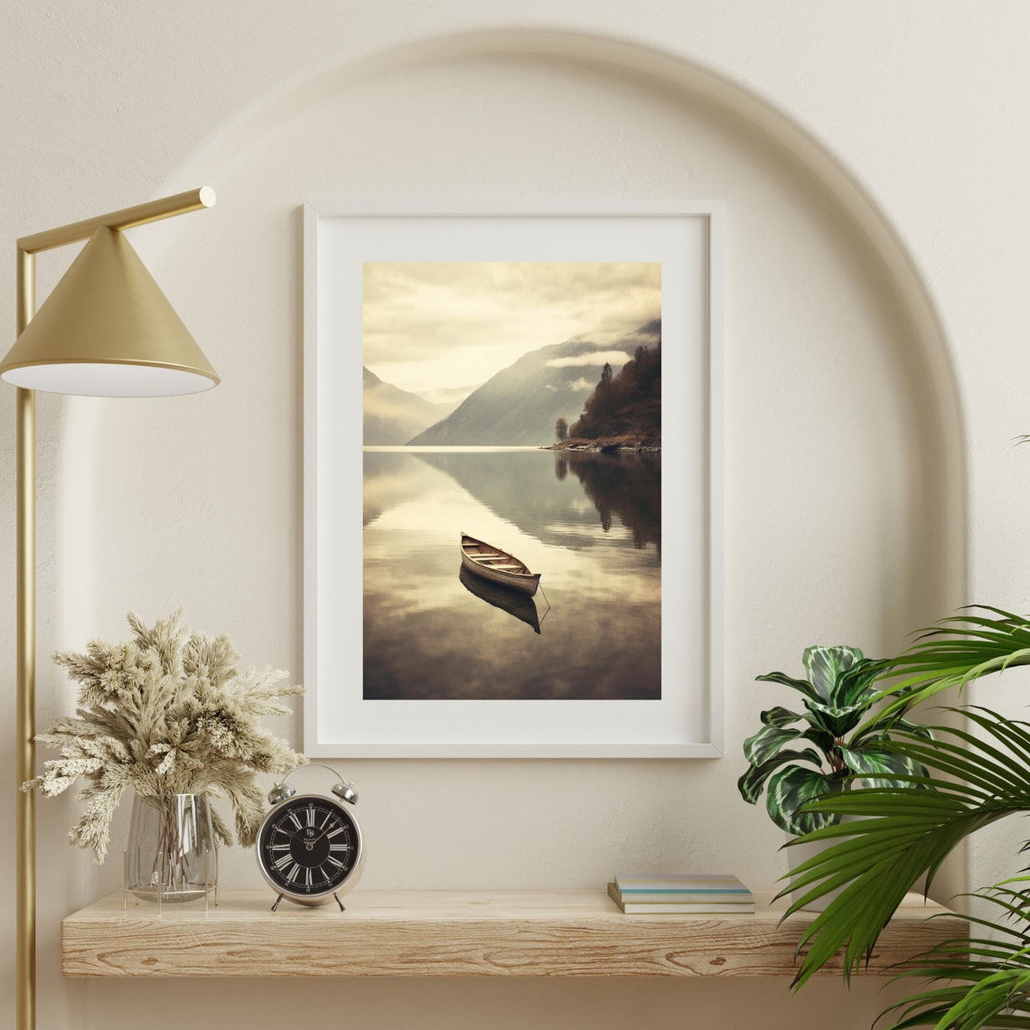 Serene Wooden Canoe On Calm Mountain Lake Morning Mist Poster - Image 3