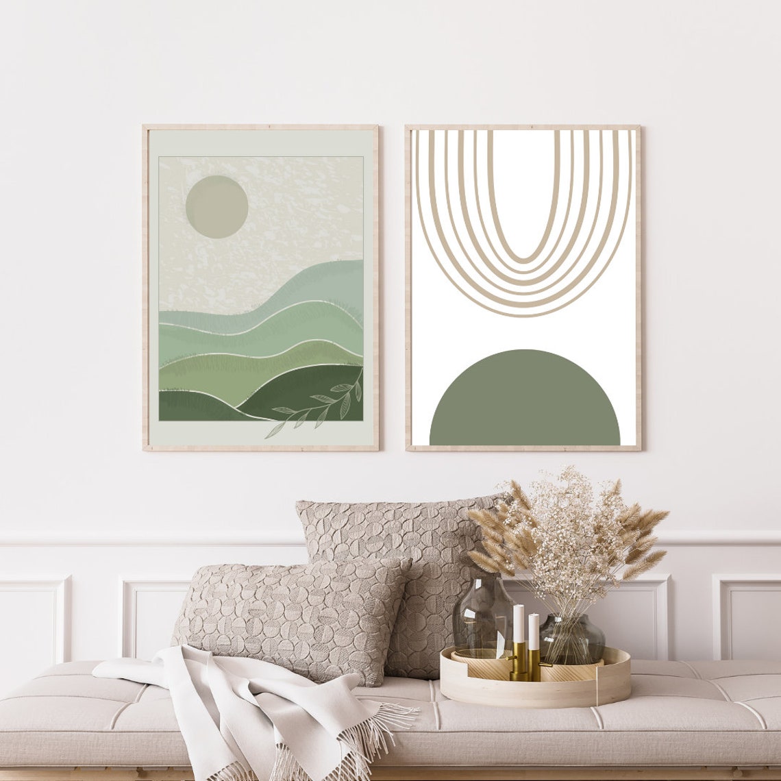 Abstract Sage Green Hills Sun Minimal Modern Landscape Wall Art - Image 2