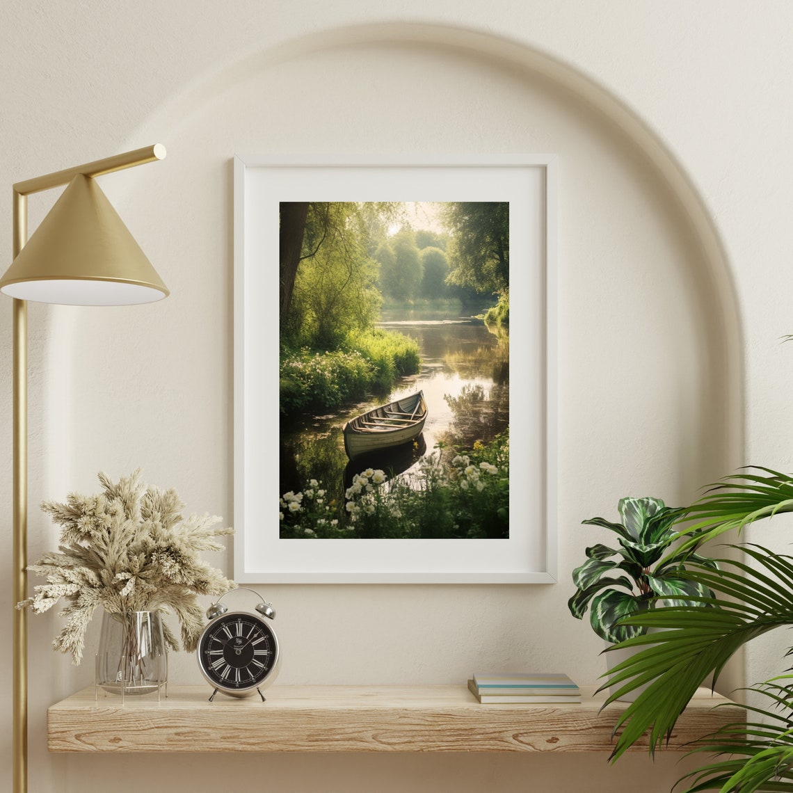 Peaceful Wooden Rowboat On Green Forest River Morning Sunrise Poster - Image 3
