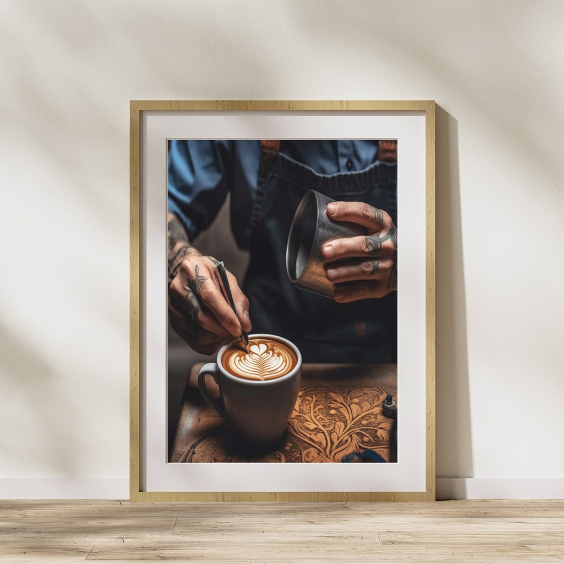 Barista Pouring Milk Rosetta Latte Art Moody Cafe Hands Poster