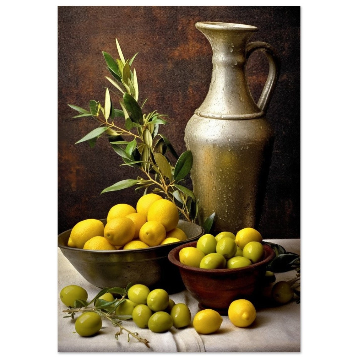 Vintage Metal Jug Lemons Olives Rustic Still Life Art Poster - Image 2