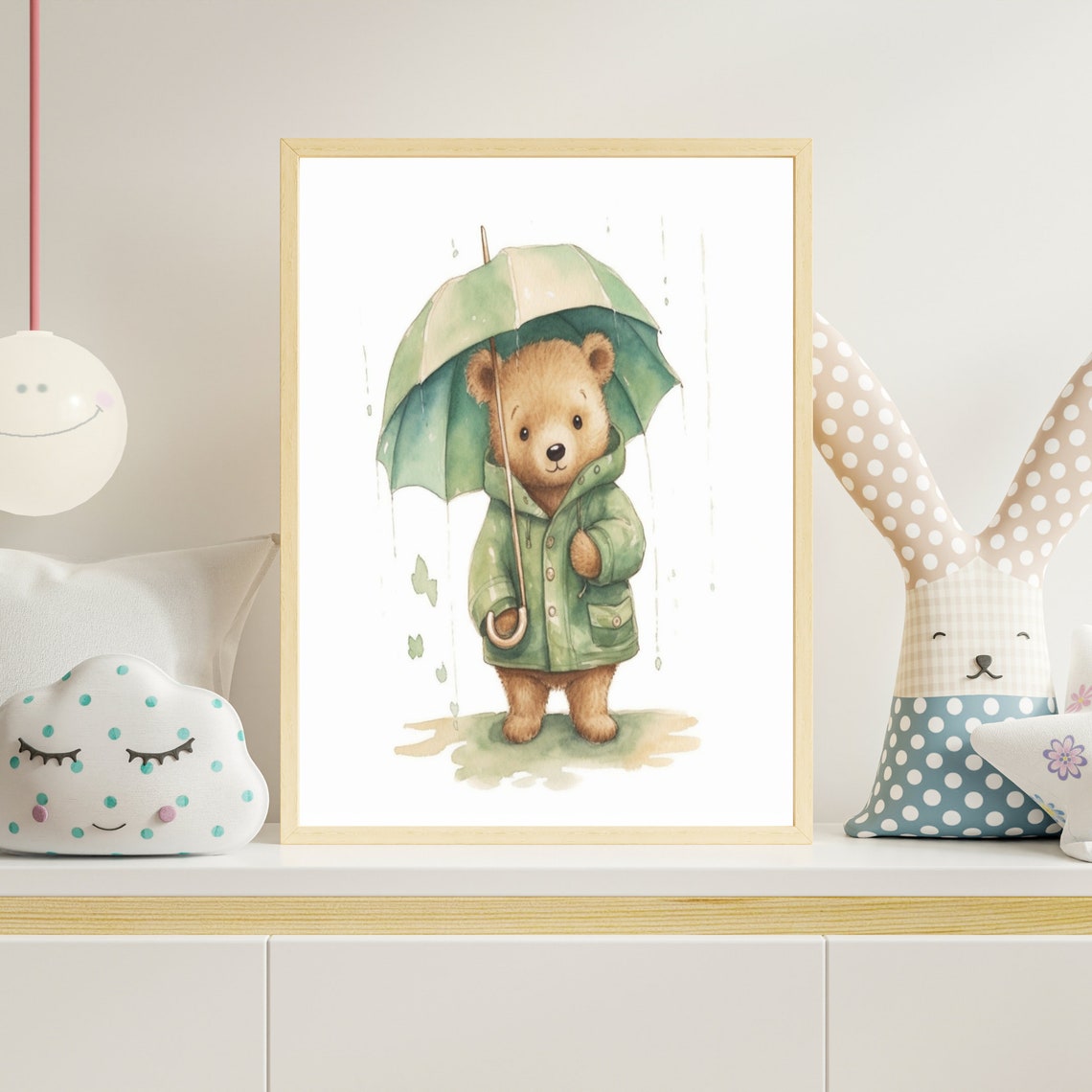 Teddy Bear in Green Raincoat with Umbrella Nursery Art Poster - Image 4