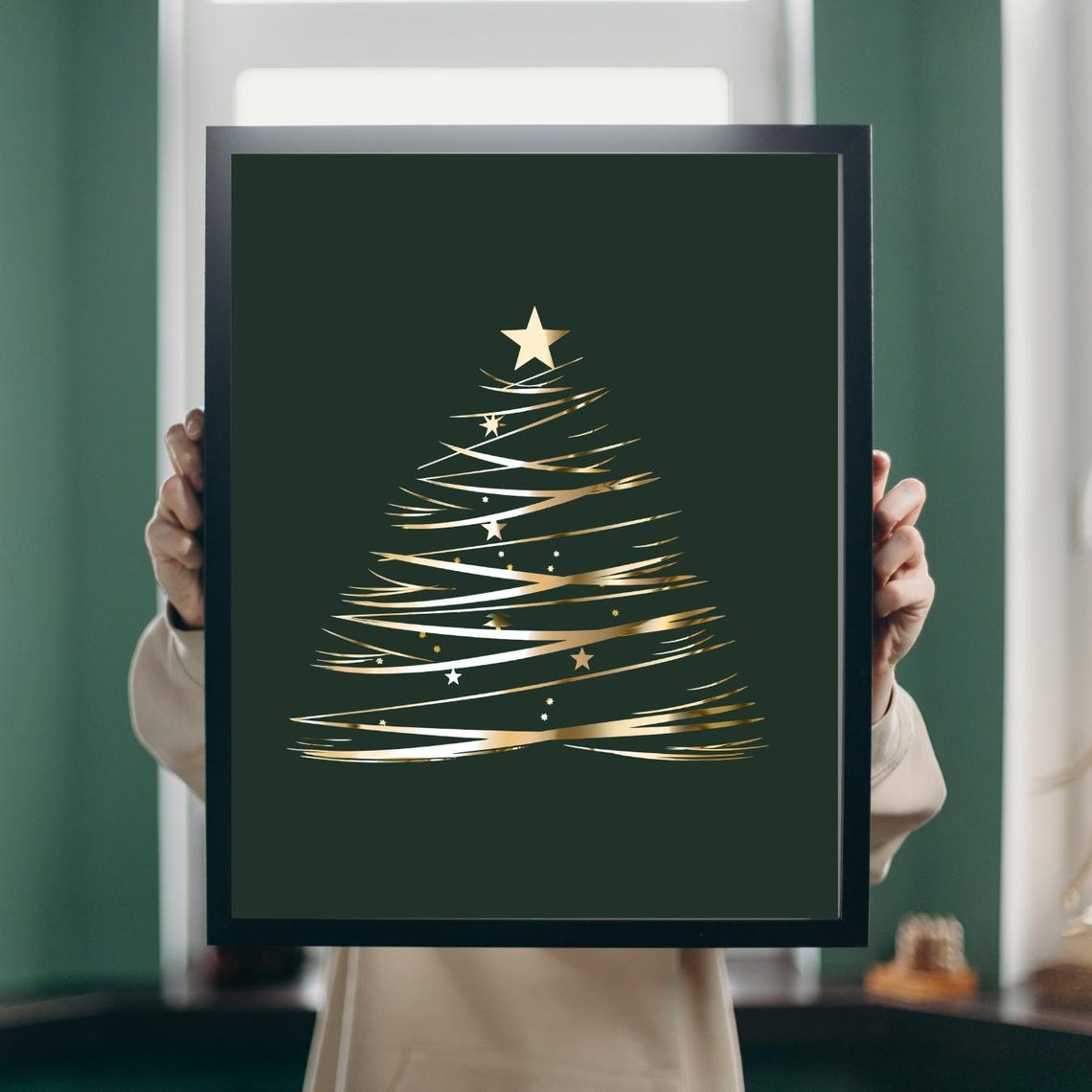 Modern Gold Christmas Tree Line Art Dark Green Holiday Poster