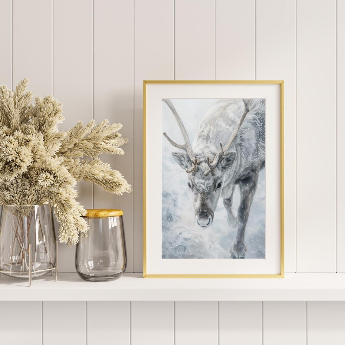 Majestic Reindeer In Snow Close Up Winter Wildlife Art Poster - Image 2