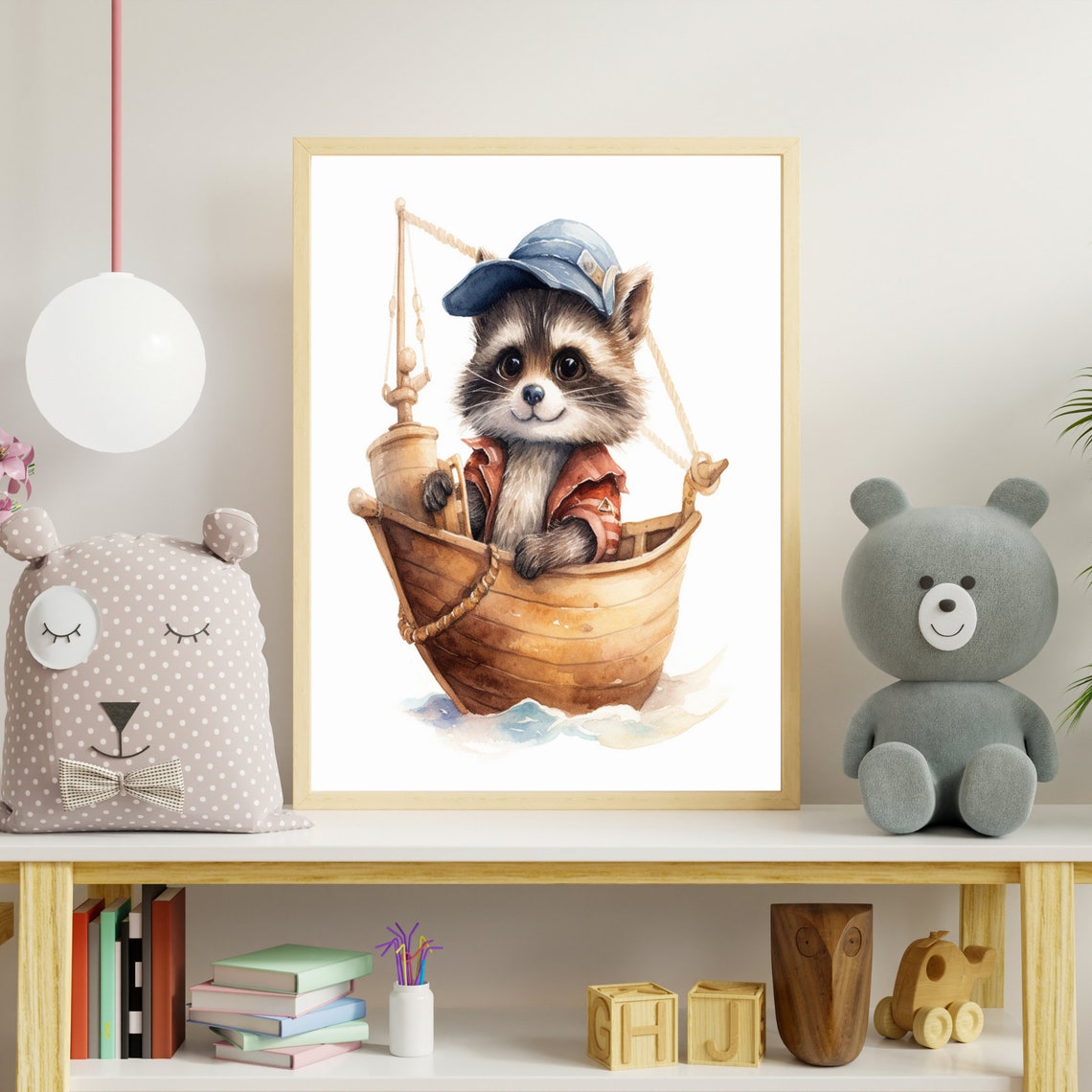 Baby Raccoon Sailor in Wooden Boat Watercolor Nursery Poster - Image 3