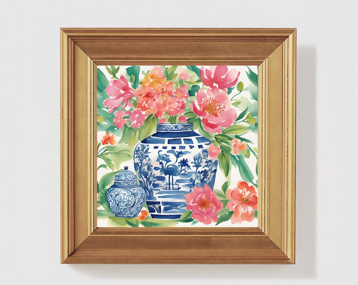 Ginger Jar Floral Watercolor Art Print, French Farmhouse
