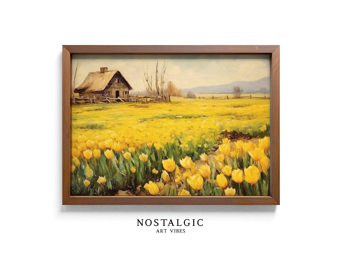 Vintage Tulip Field Art, Rustic Farmhouse Landscape