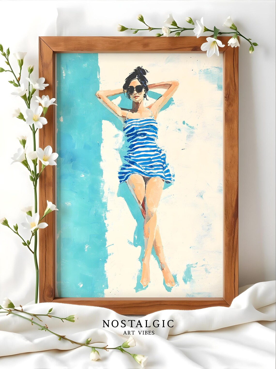 Sunbathing Woman Beach Art, Watercolor Minimalist
